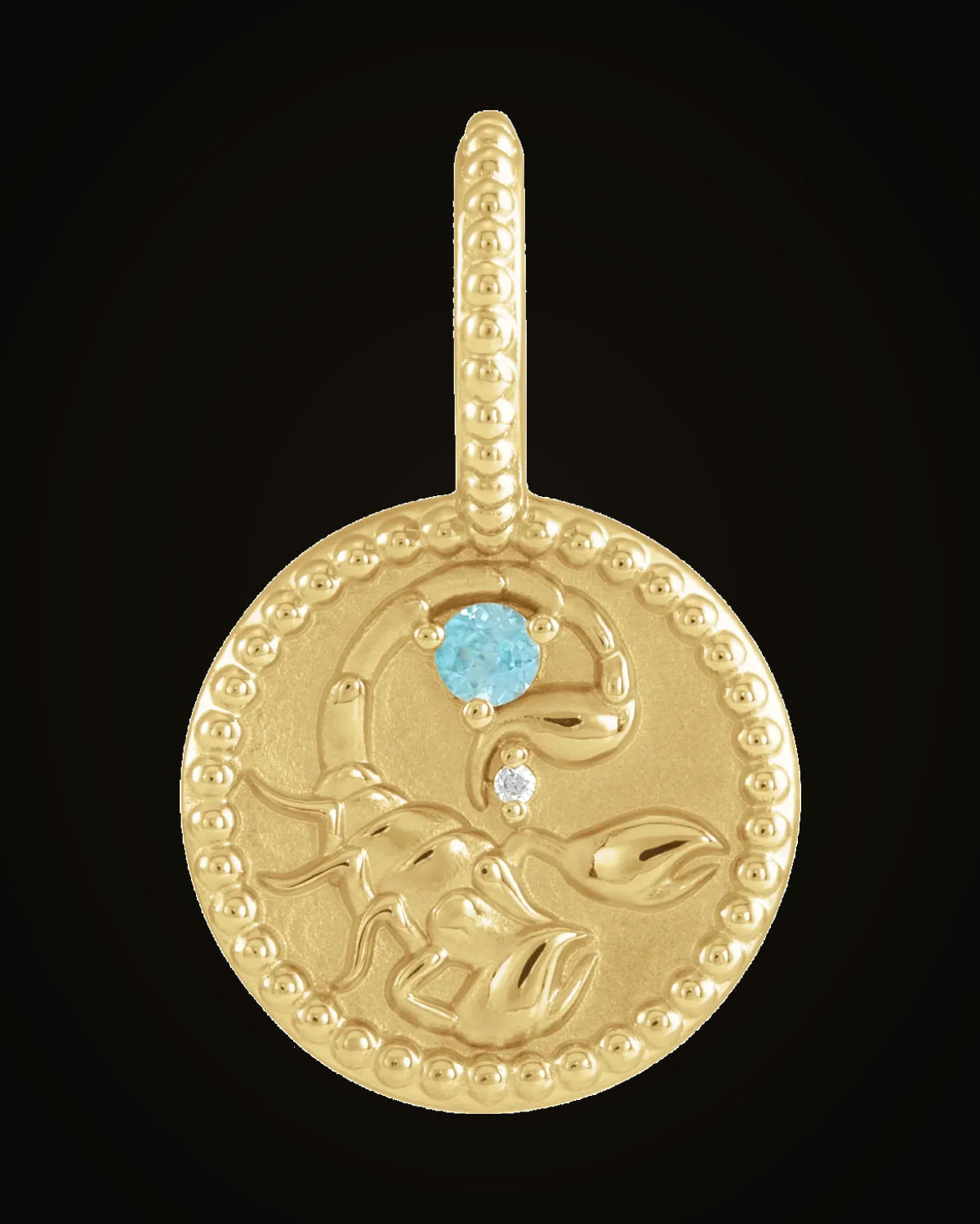 Natural Blue Zircon And 0.0025 Ct Natural Diamond Scorpio Charm/Pendant — 14K Yellow Gold