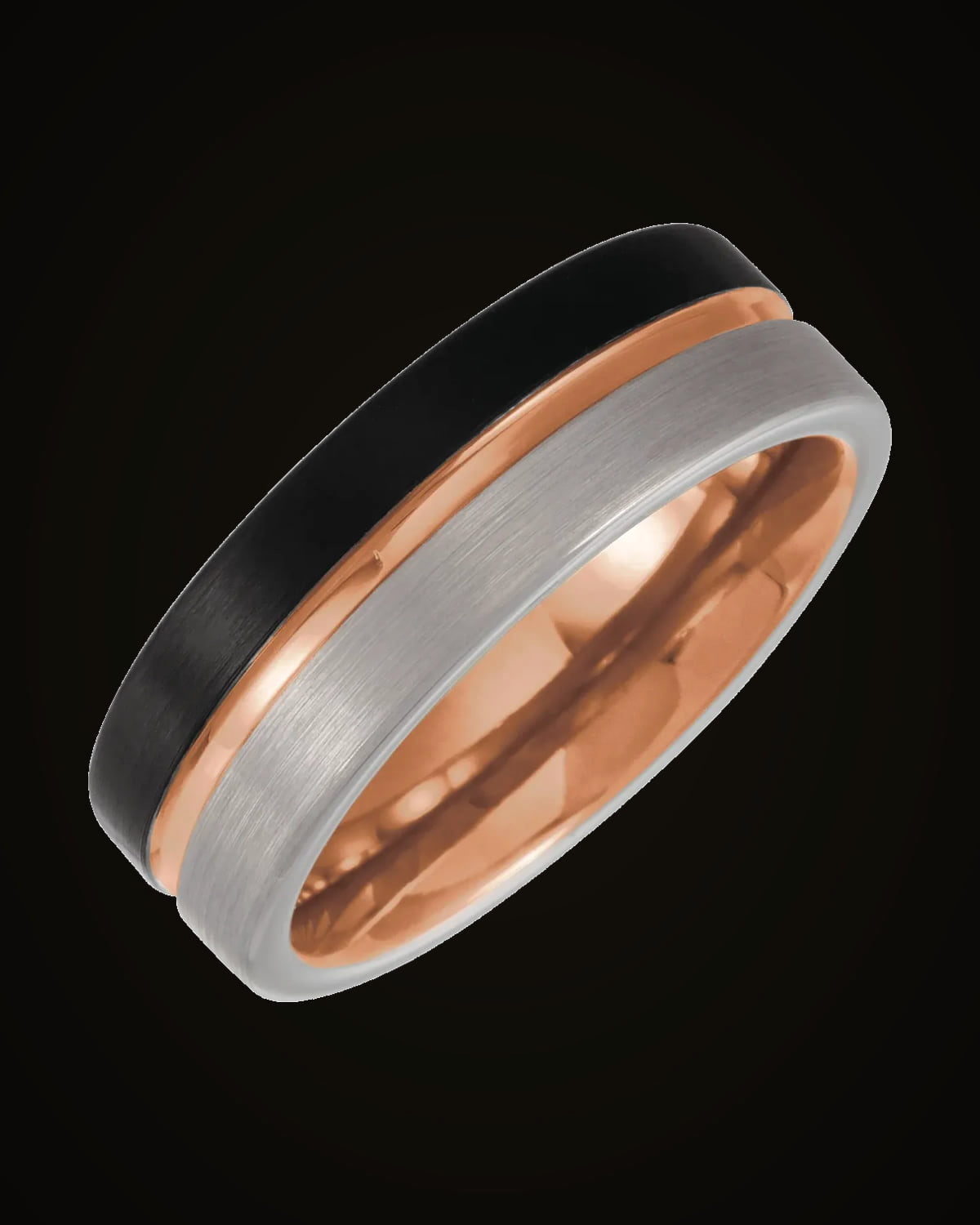 Grooved Comfort-Fit Flat Band With Satin Finish And An 18K Rose Gold Pvd And Black Pvd — 18K Rose Gold PVD & Black PVD Tungsten · 8 mm · Size 8.5
