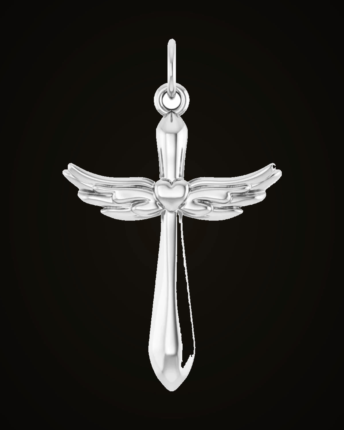 Heart Angel Wing Cross Pendant — Rhodium-Plated on 14K White Gold