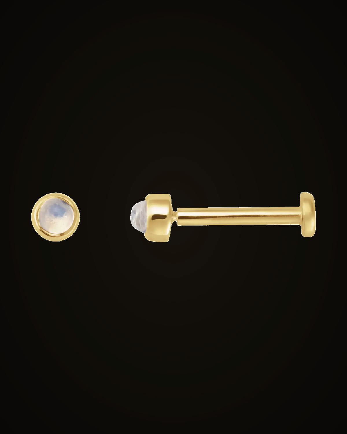 Cabochon Natural Rainbow Moonstone Bezel-Set Earring — 14K Yellow Gold · 2 mm