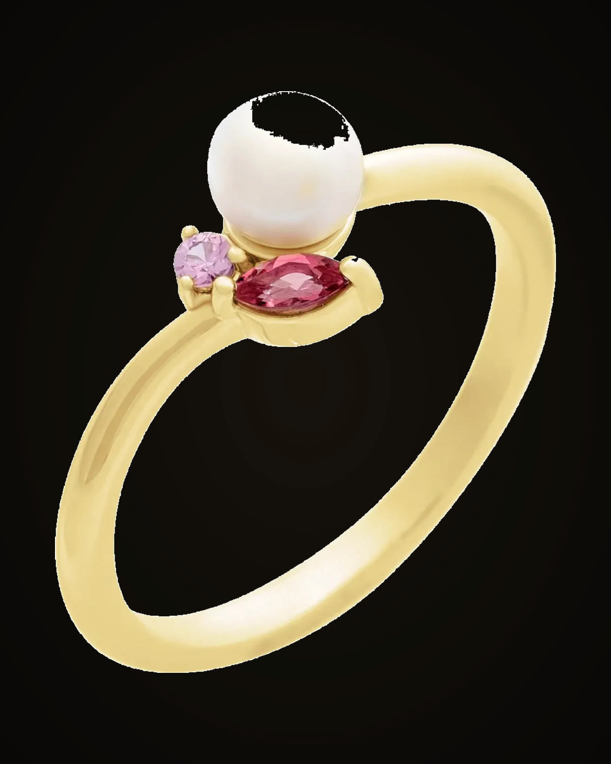 Cultured Akoya Pearl And Natural Pink Tourmaline And Natural Pink Sapphire Ring — 14K Yellow Gold · 7 x 6.75 mm · 5 mm