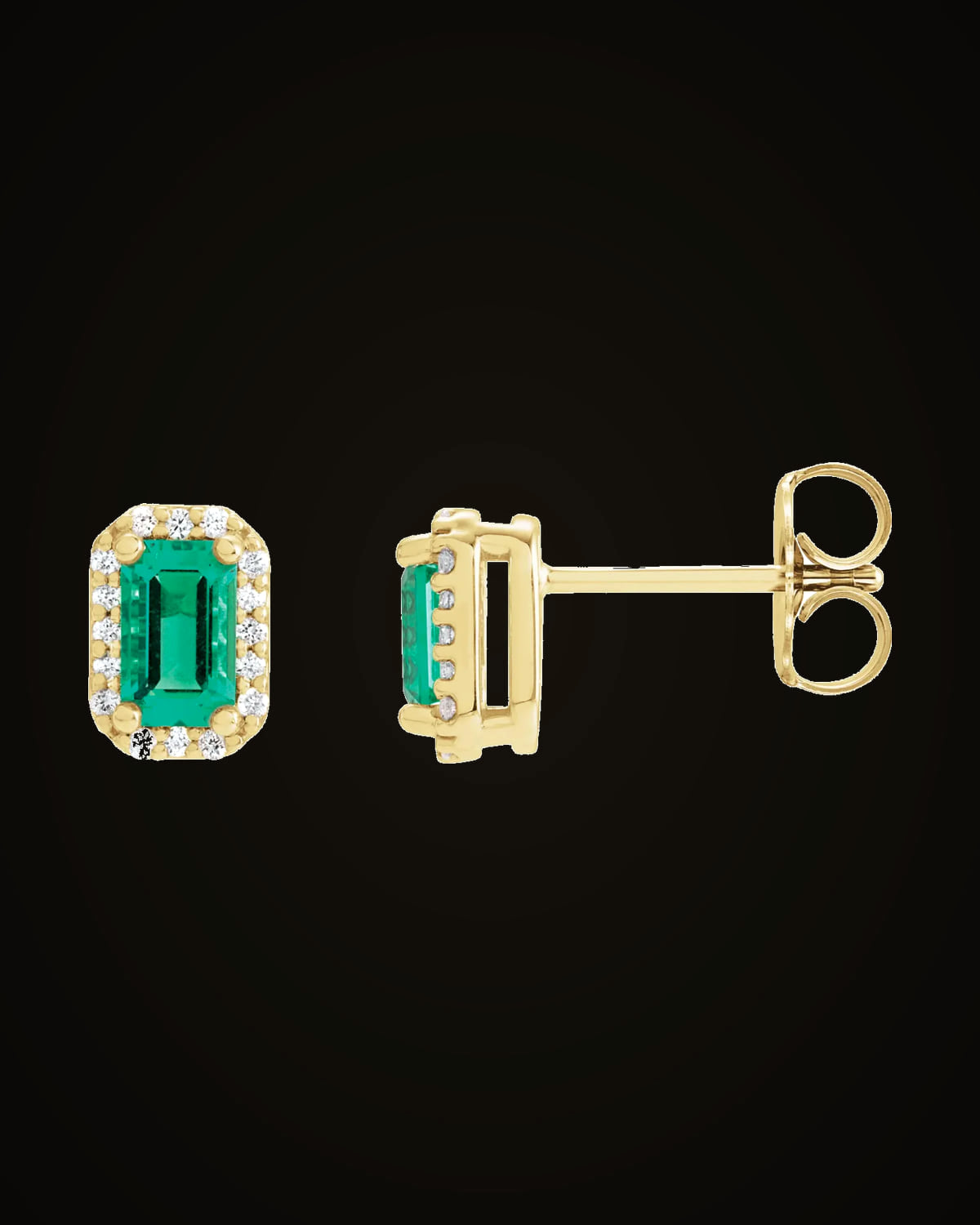 Lab-Grown Emerald And 0.07 CTW Natural Diamond Halo-Style Earrings — 14K Yellow Gold