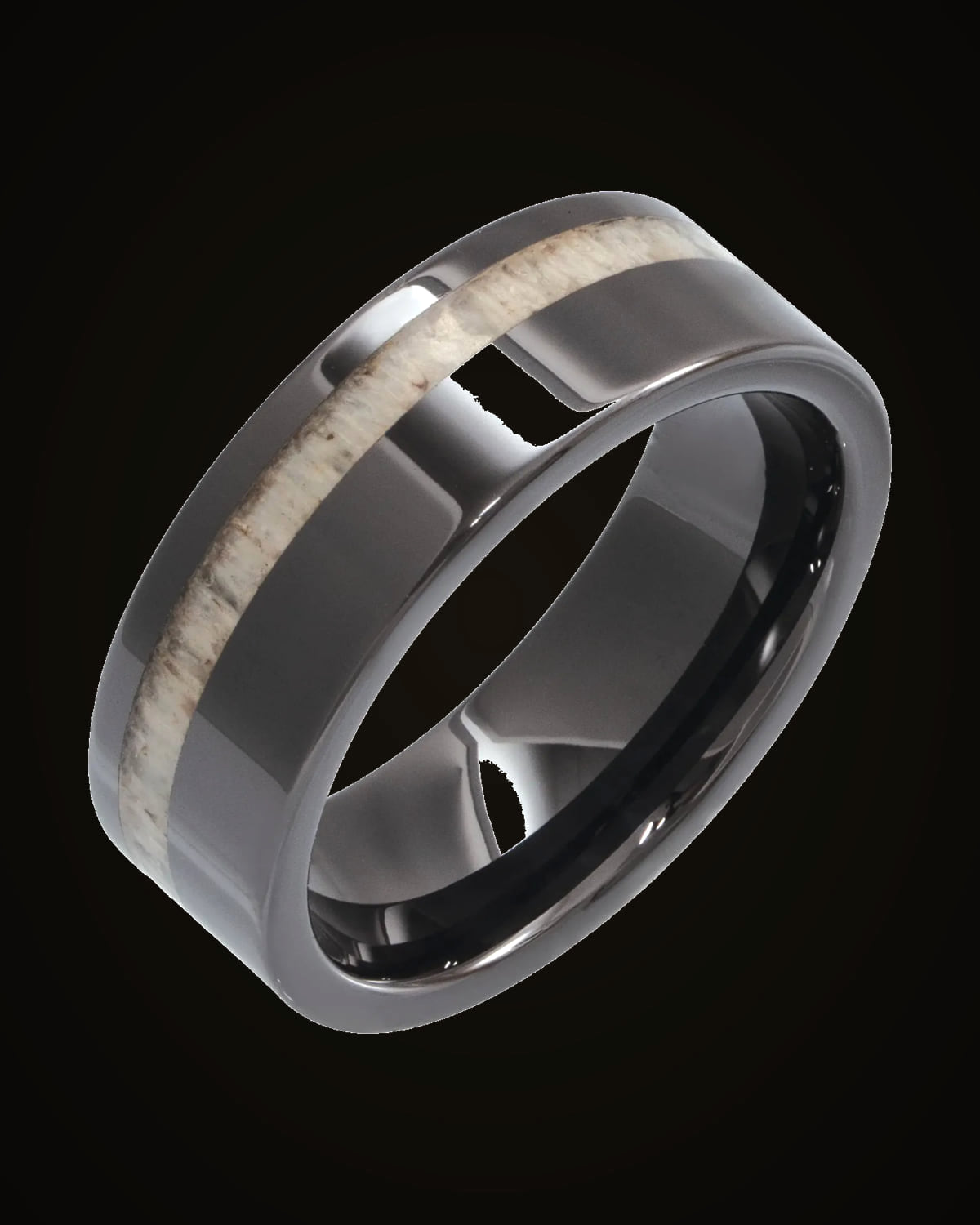 Antler Wood Inlay Comfort-Fit Flat Band — Ceramic · 8 mm · Size 9.5