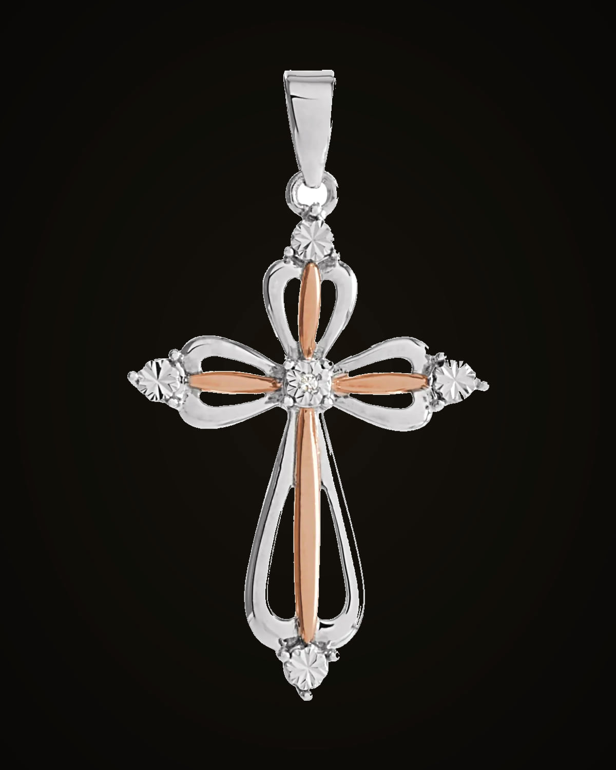 0.03 CTW Natural Diamond Cross Pendant — Rhodium-Plated on 14K Rose Gold-Plated Sterling Silver · 0.003