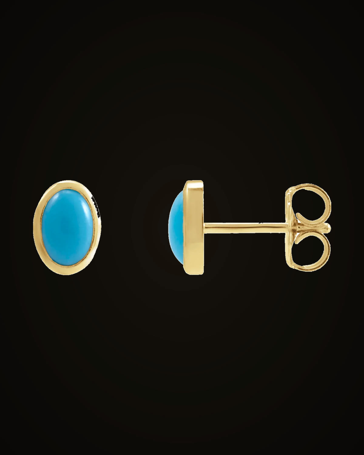 Natural Cabochon Turquoise Bezel Earrings — 14K Yellow Gold · 6 x 4 mm