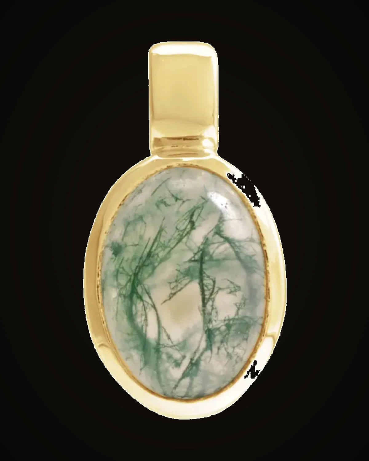 Natural Moss Agate Cabochon Bezel Charm/Pendant — 14K Yellow Gold · 7 x 5 mm