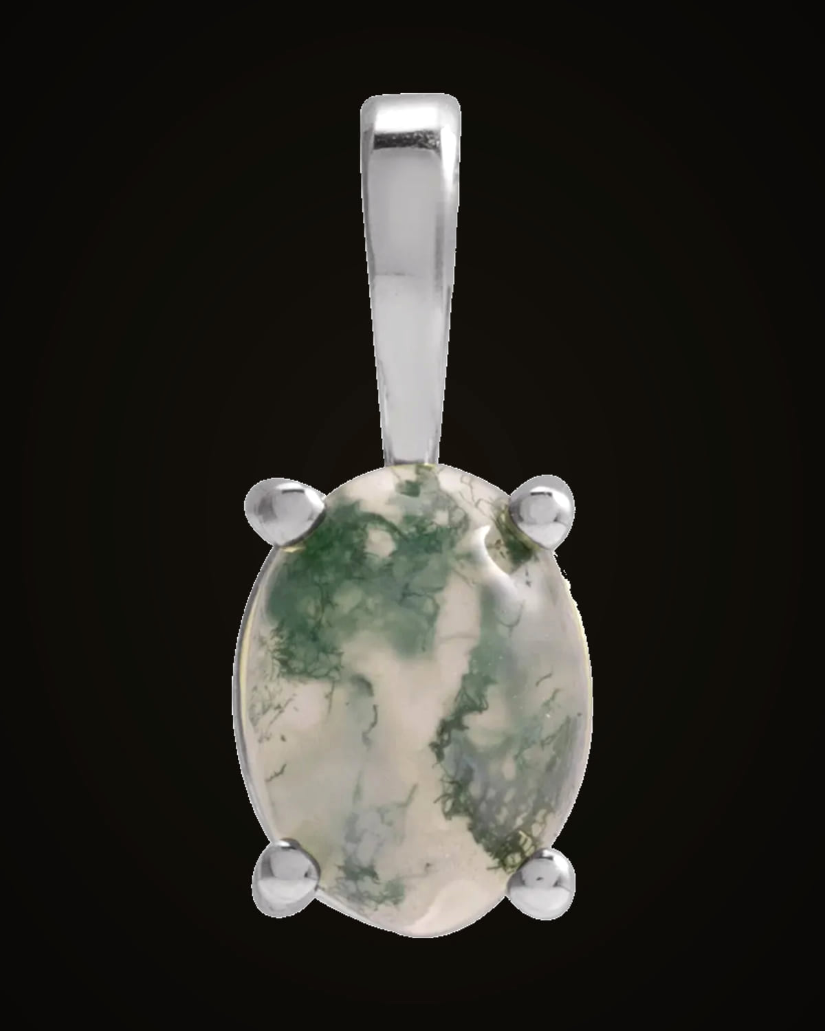 Natural Moss Agate 4-Prong Cabochon Basket Pendant — Sterling Silver · 8 x 6 mm