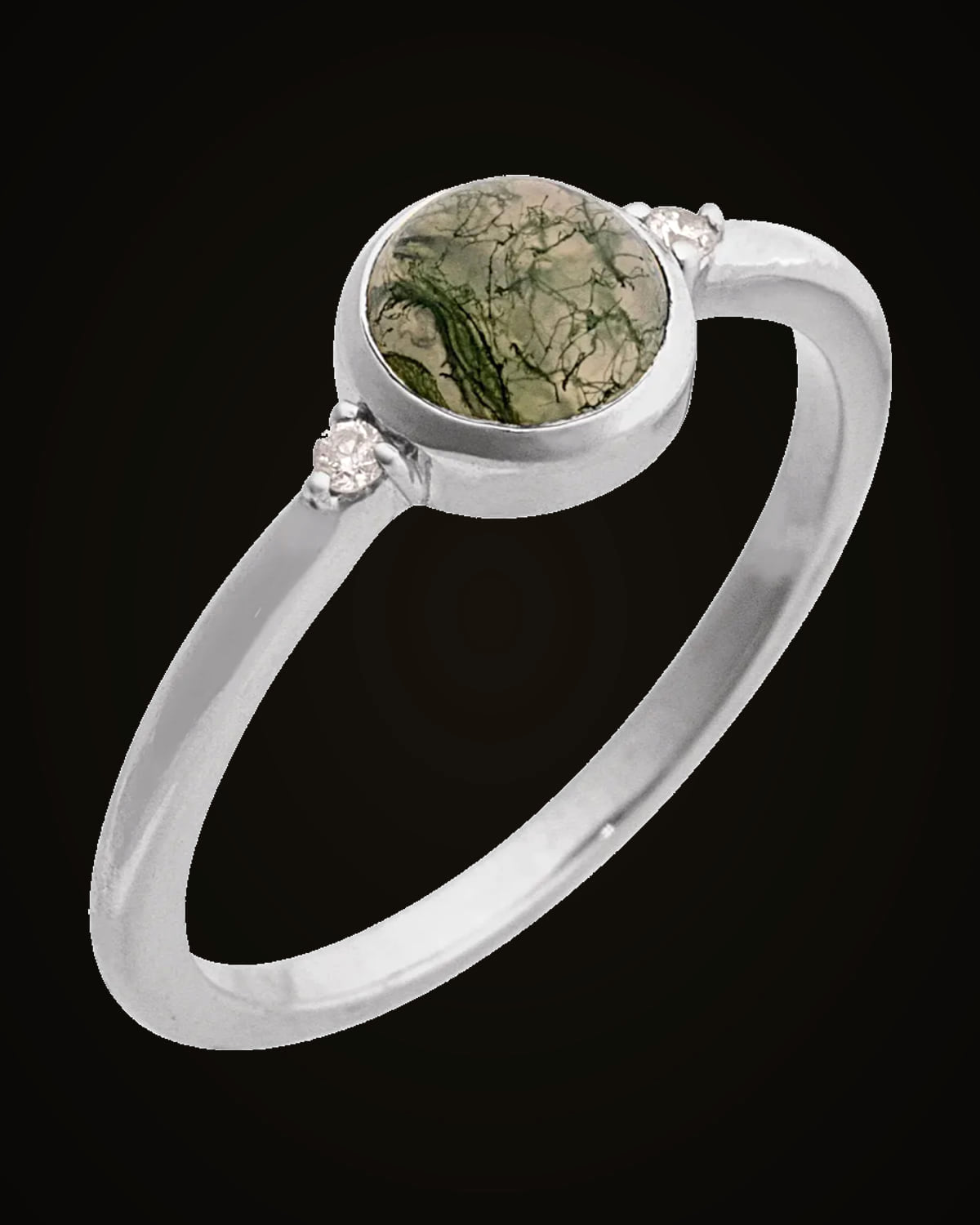 Natural Moss Agate And 0.03 CTW Natural Diamond Bezel-Set Cabochon Ring — Sterling Silver · 1.5 mm