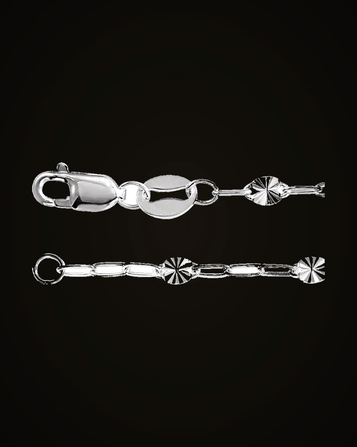 Light Paperclip-Style Starburst Mirror Chain — Rhodium-Plated on Sterling Silver