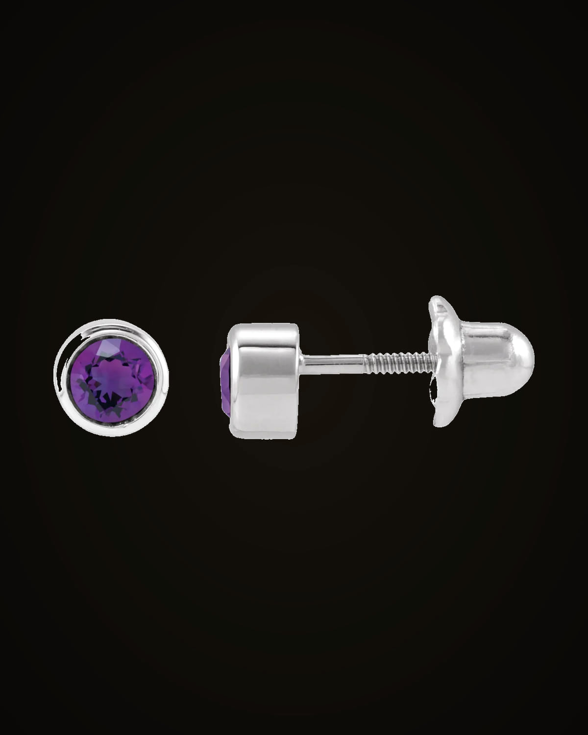Natural Amethyst Youth Earrings — Rhodium-Plated on 14K White Gold · 3 mm