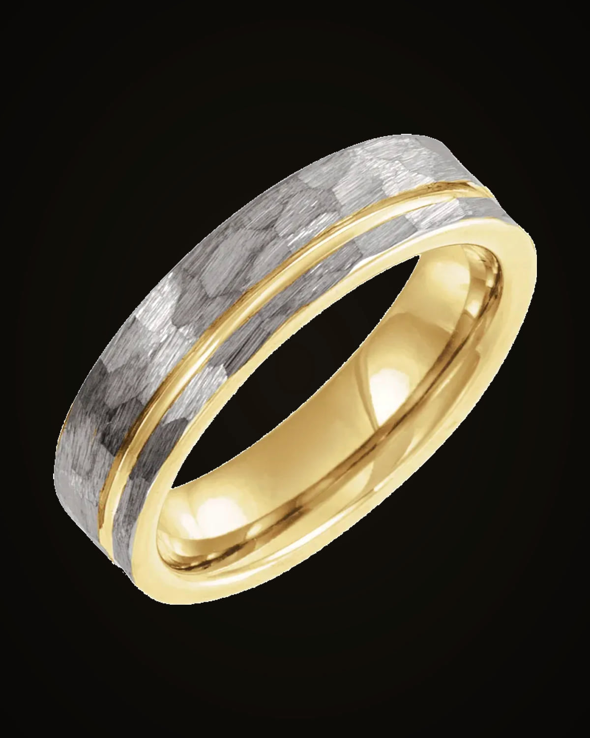 Grooved Comfort-Fit Flat Band With A Hammer Finish And An 18K Yellow Gold Pvd — 18K Yellow Gold PVD Tungsten · 6 mm · Size 10