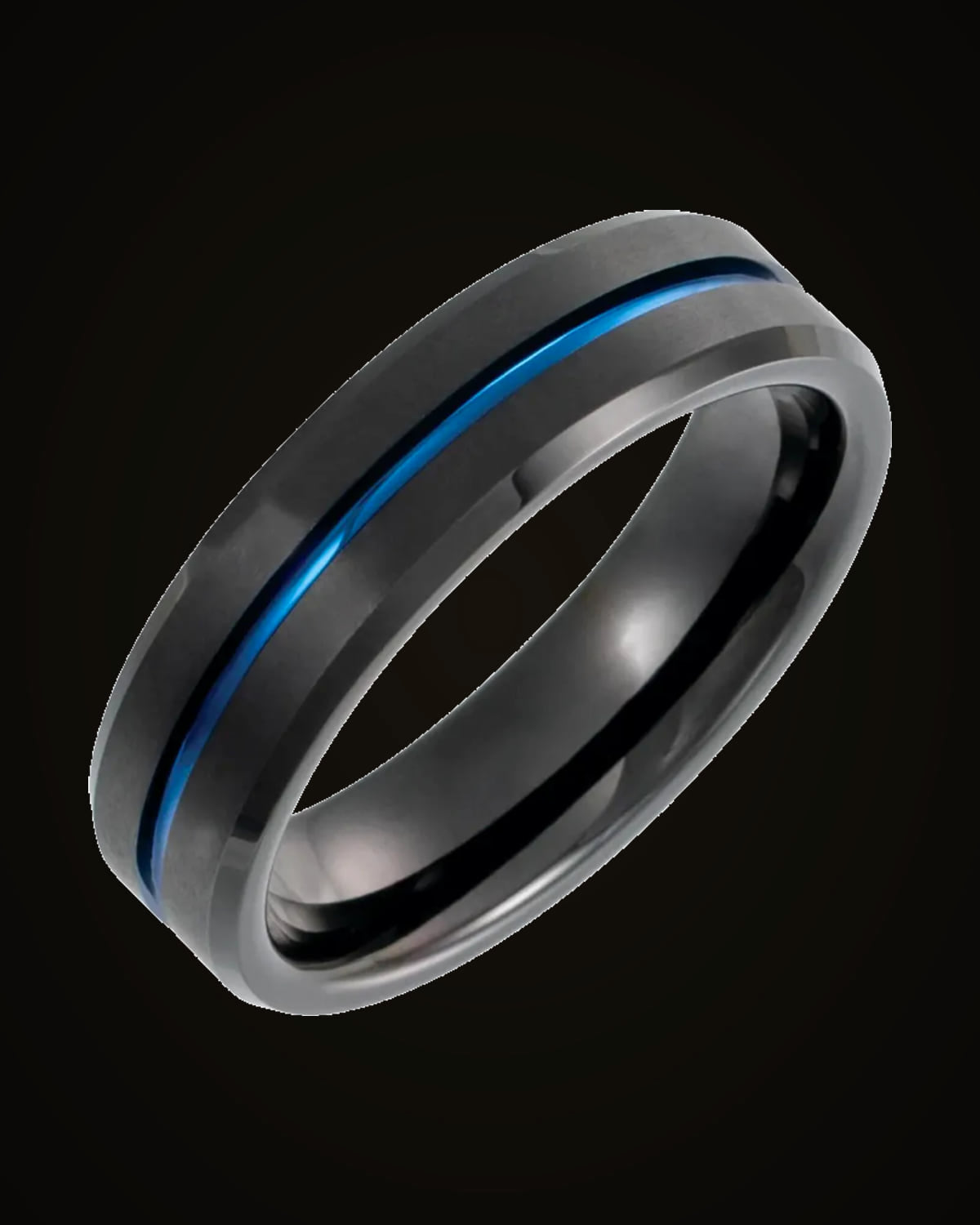 Beveled-Edge Grooved Comfort-Fit Band With A Black And Blue Pvd — Black & Blue PVD Tungsten · 6 mm · Size 10.5