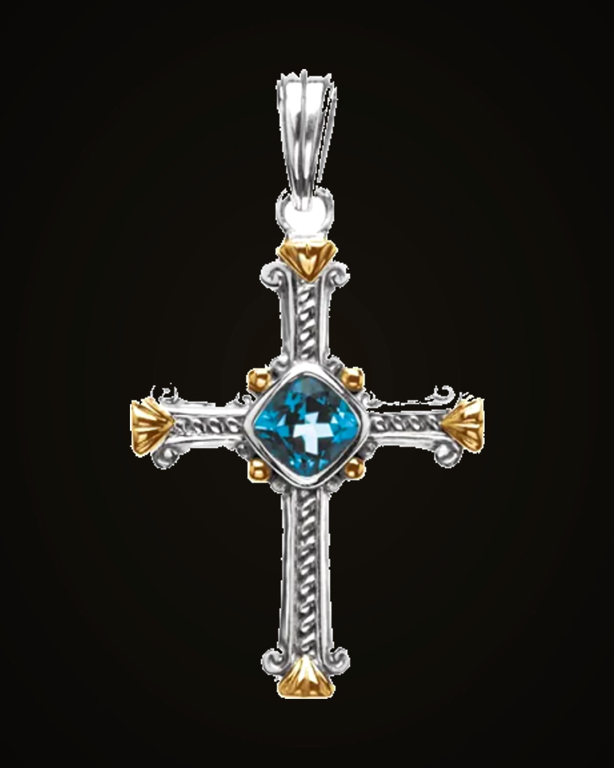 Natural Swiss Blue Topaz Cross Pendant — 14K Yellow Gold · 7 mm