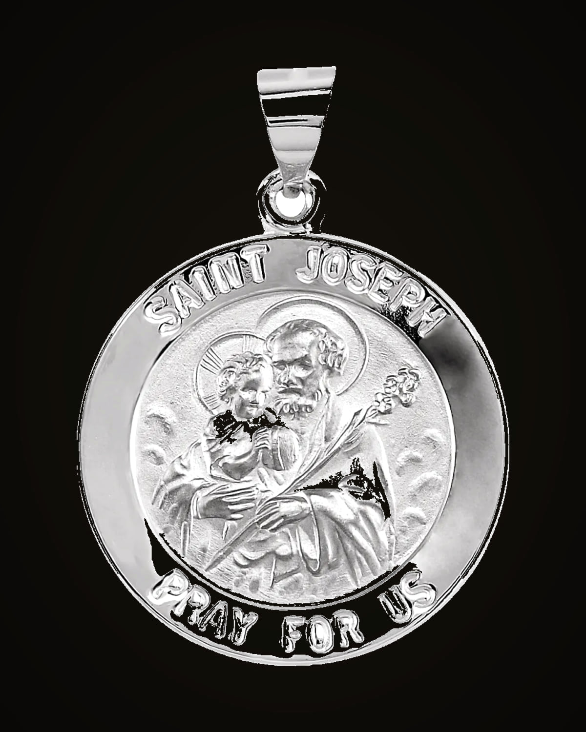 Round Hollow Jospeh Medal — Rhodium-Plated on 14K White Gold