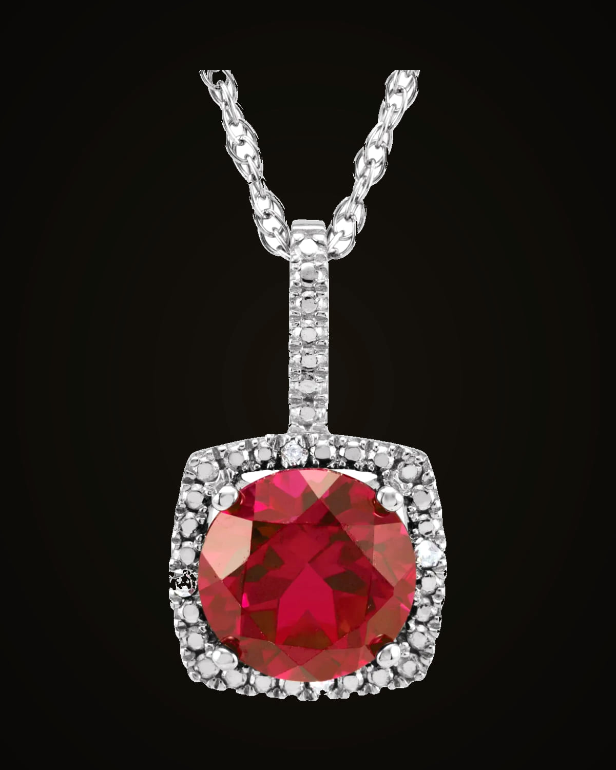 Lab-Grown Ruby And 0.015 CTW Natural Diamond Birthstone Necklace — Rhodium-Plated on Sterling Silver · I3 · H-J