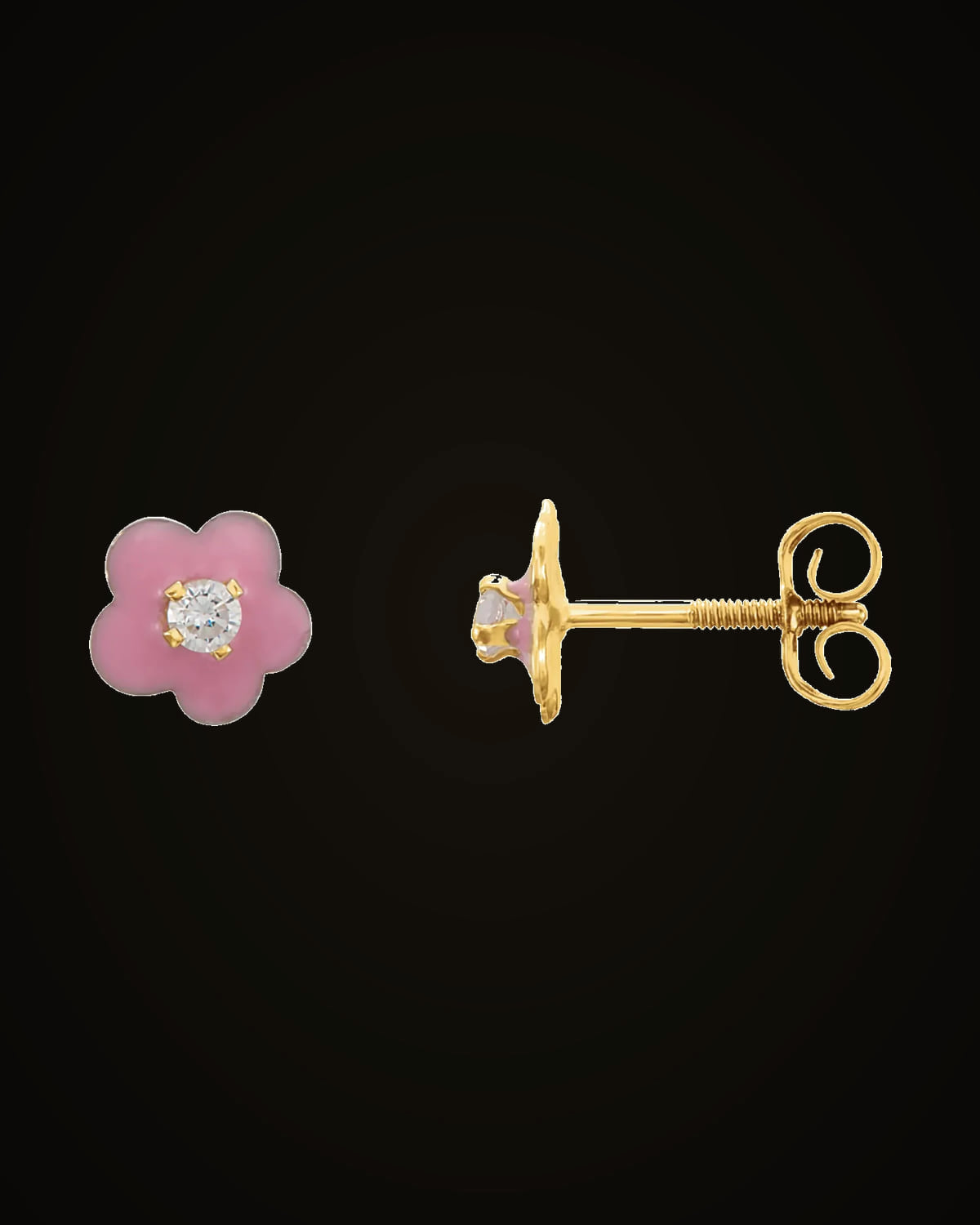 Youth Cubic Zirconia Flower Enamel Earrings With Backs — 14K Yellow Gold · 2 mm