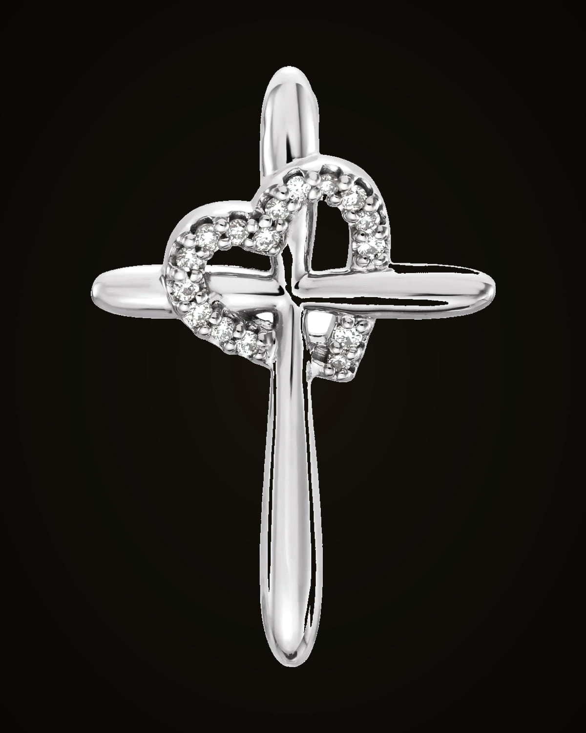 0.04 CTW Natural Diamond Cross With Heart Pendant — Rhodium-Plated on 14K White Gold