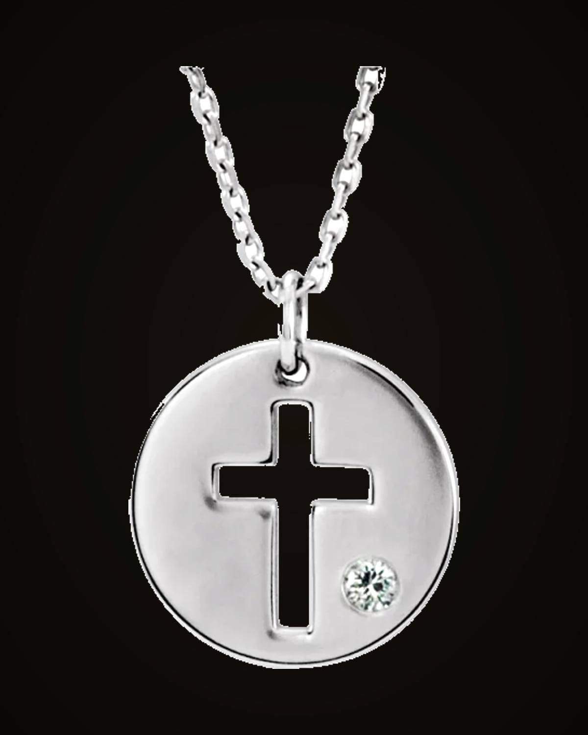 Pierced Cross Disc Necklace — Sterling Silver · 2 mm · Imitation Diamond