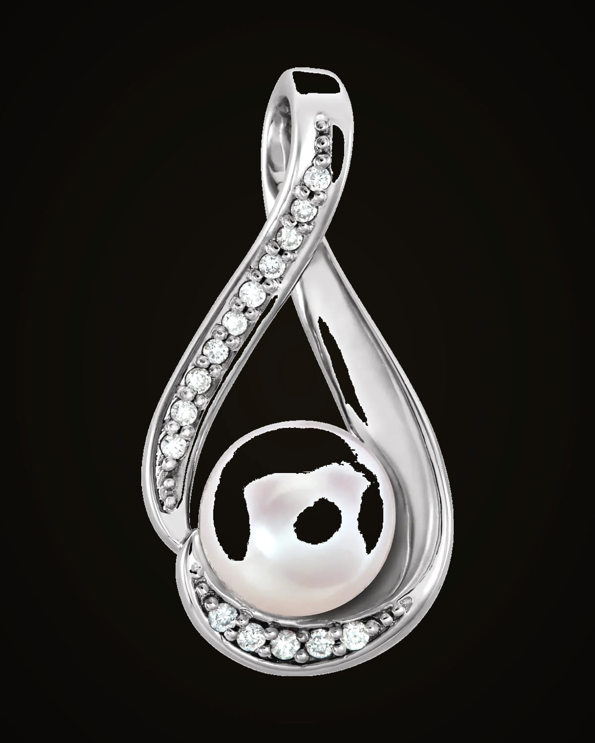 Cultured White Freshwater Pearl And 0.03 CTW Natural Diamond Pendant — Rhodium-Plated on 14K White Gold
