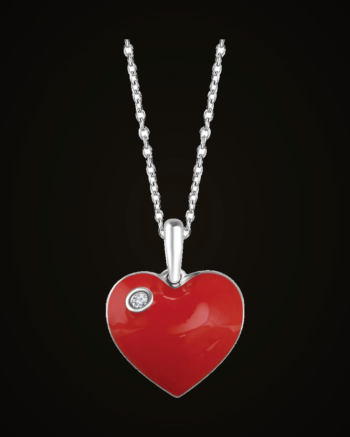 0.02 Ct Natural Diamond Red Enamel Heart Necklace — Rhodium-Plated on Sterling Silver · I2
