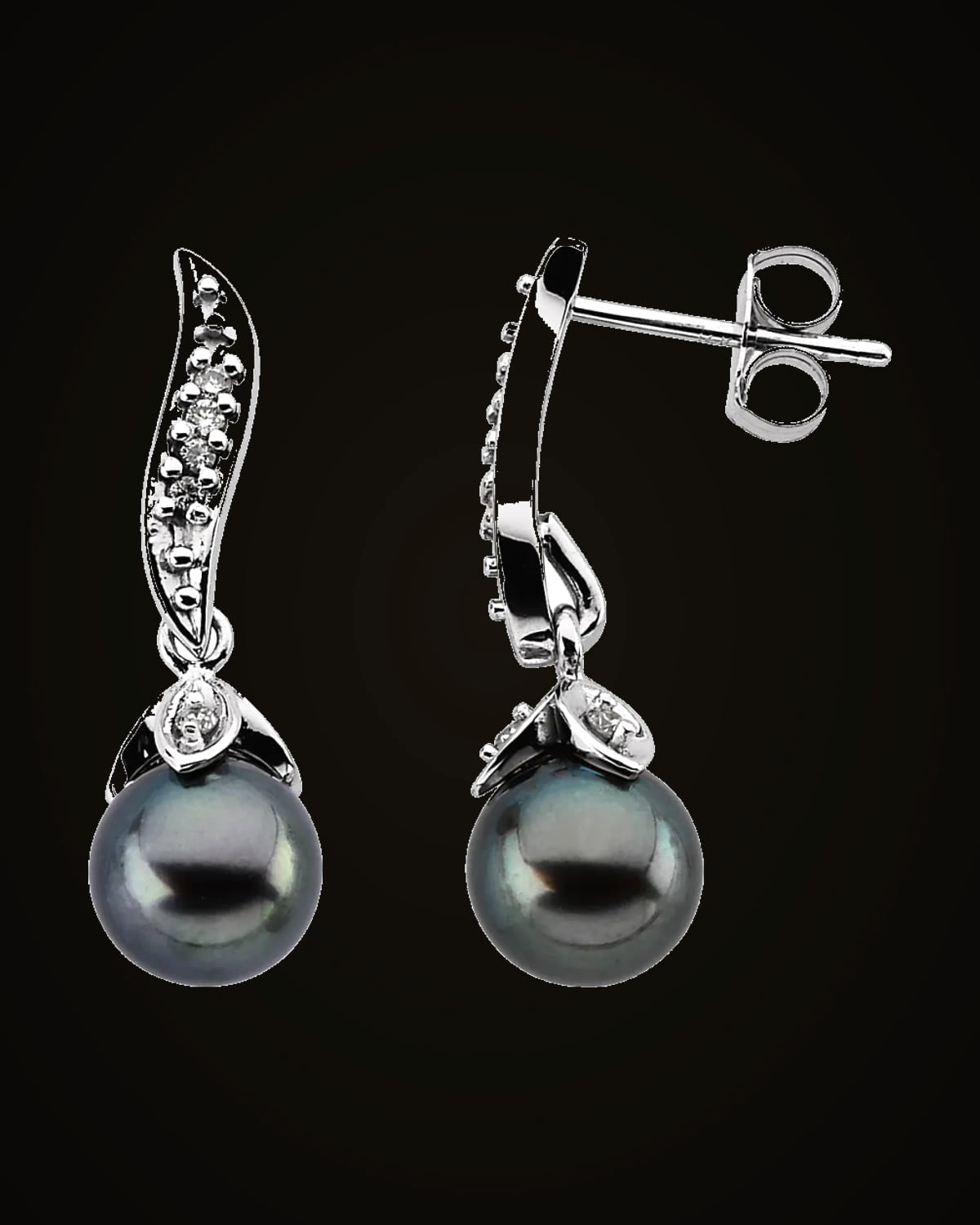 Cultured Black Akoya Pearl Earrings — Rhodium-Plated on 14K White Gold