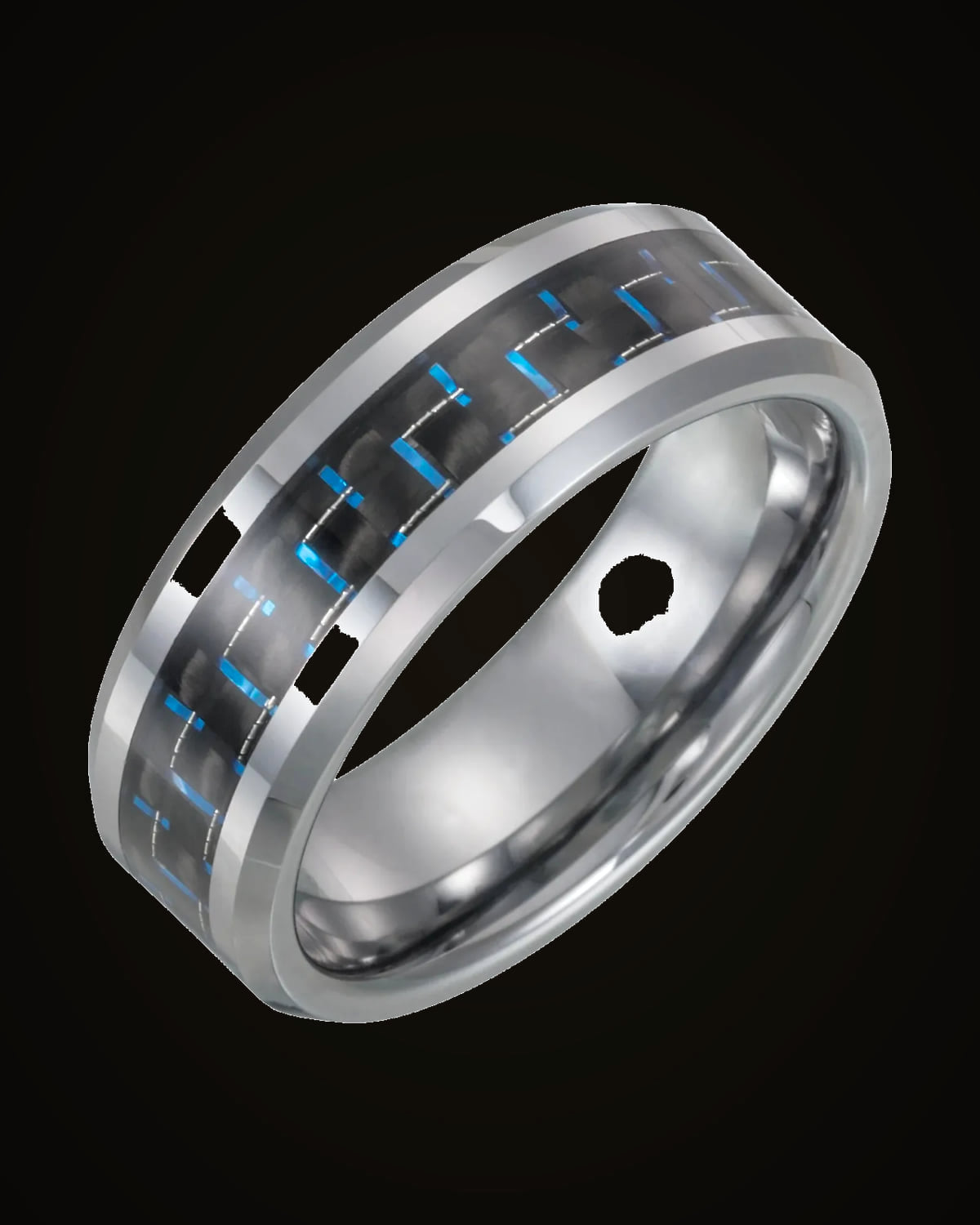 Black Carbon Fiber Inlay Comfort-Fit Band — Tungsten · 8 mm · Size 10.5