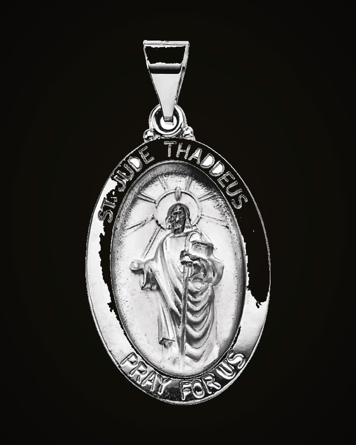 Oval Hollow St. Jude Thaddeus Medal — Rhodium-Plated on 14K White Gold