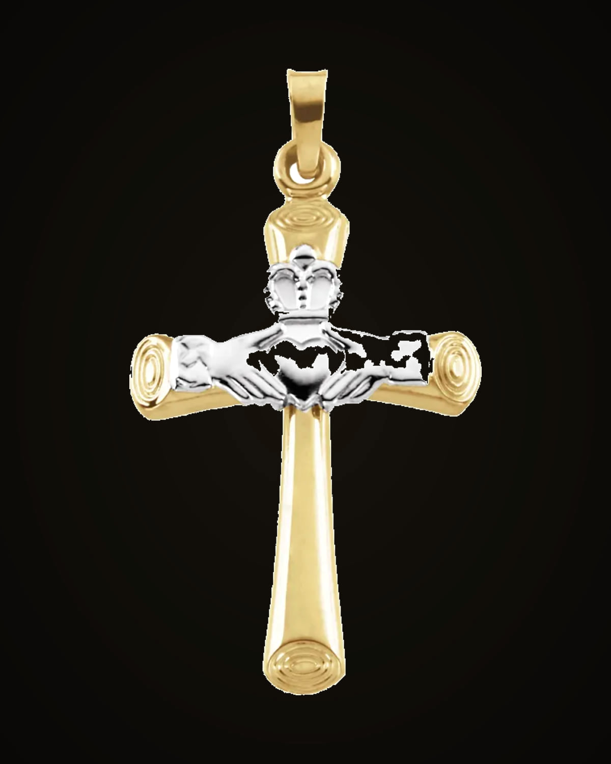 Claddagh Cross Pendant — Rhodium-Plated on 14K Yellow & White Gold
