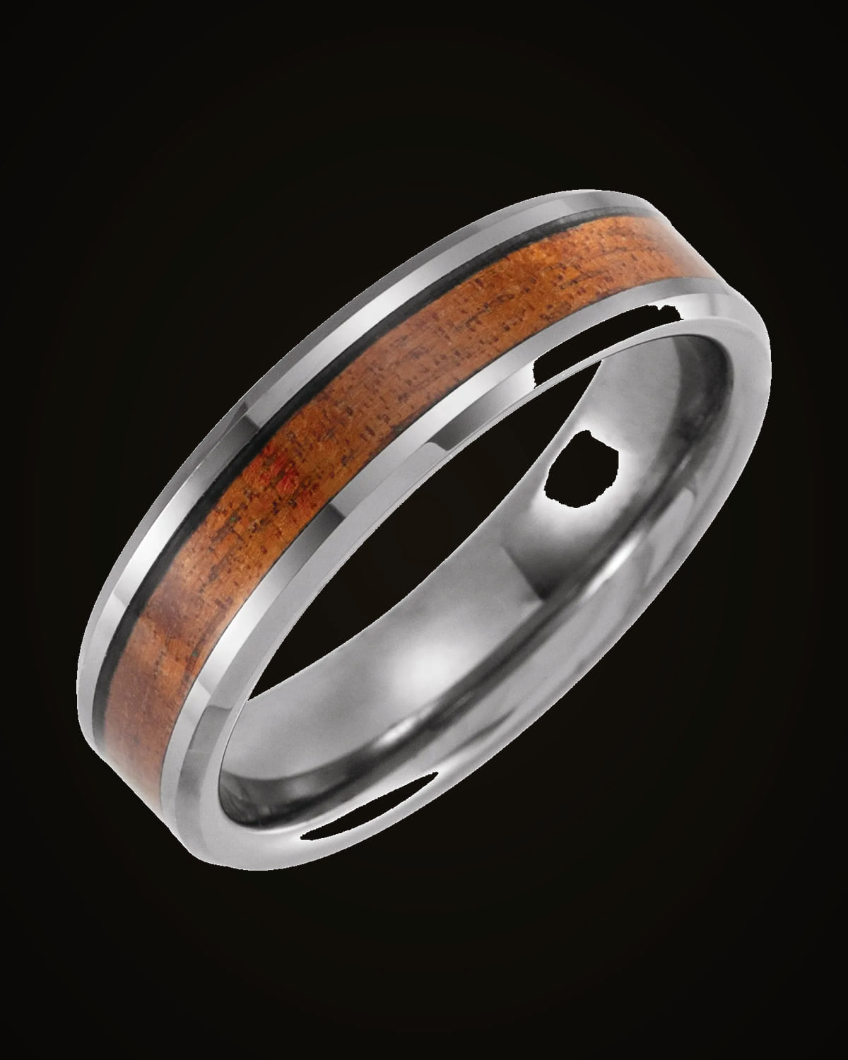 Beveled-Edge Acacia Wood Inlay Comfort-Fit Band — Tungsten · 6 mm · Size 7