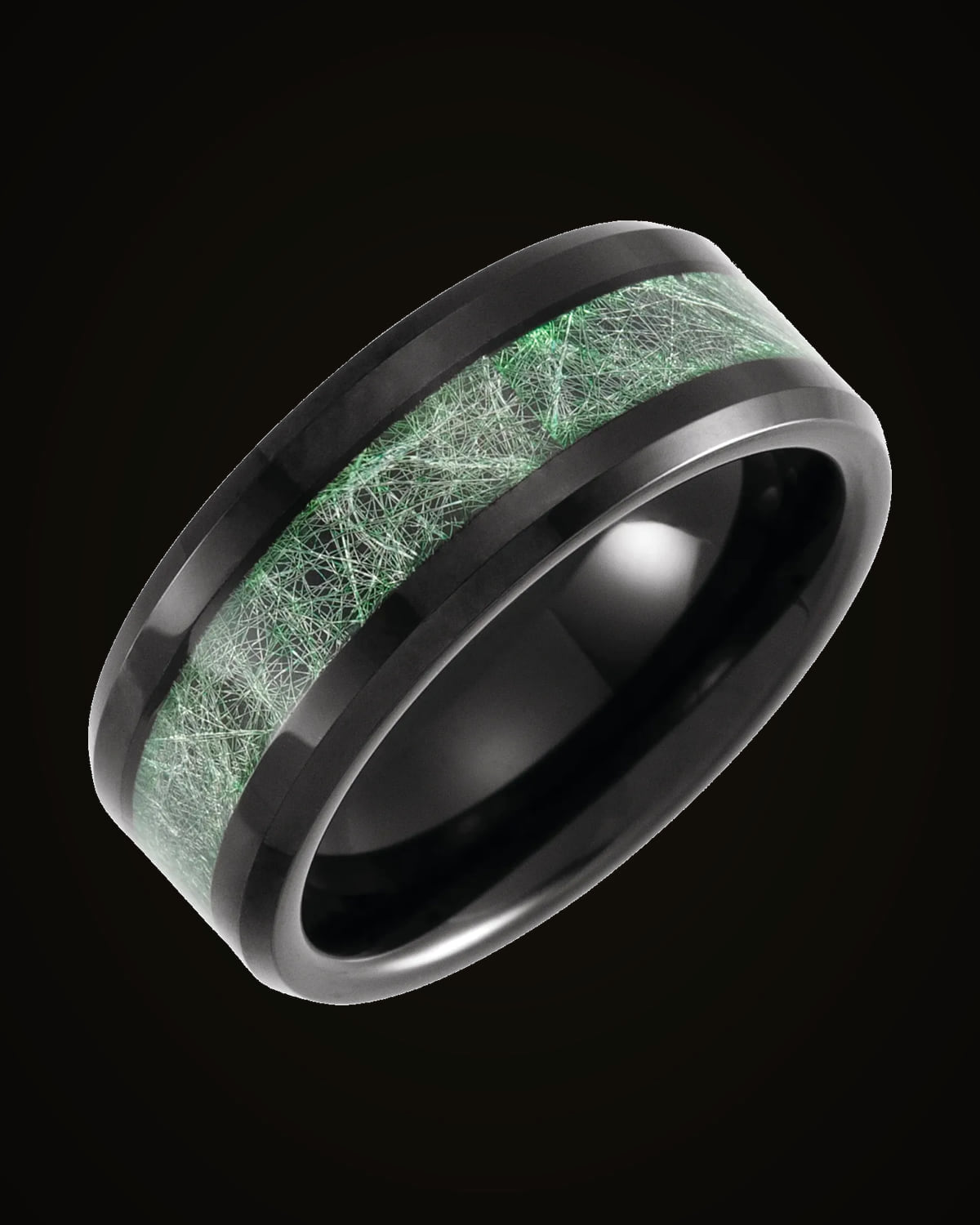 Beveled-Edge Imitation Meteorite Inlay Comfort-Fit Band — Tungsten · 8 mm · Size 7.5