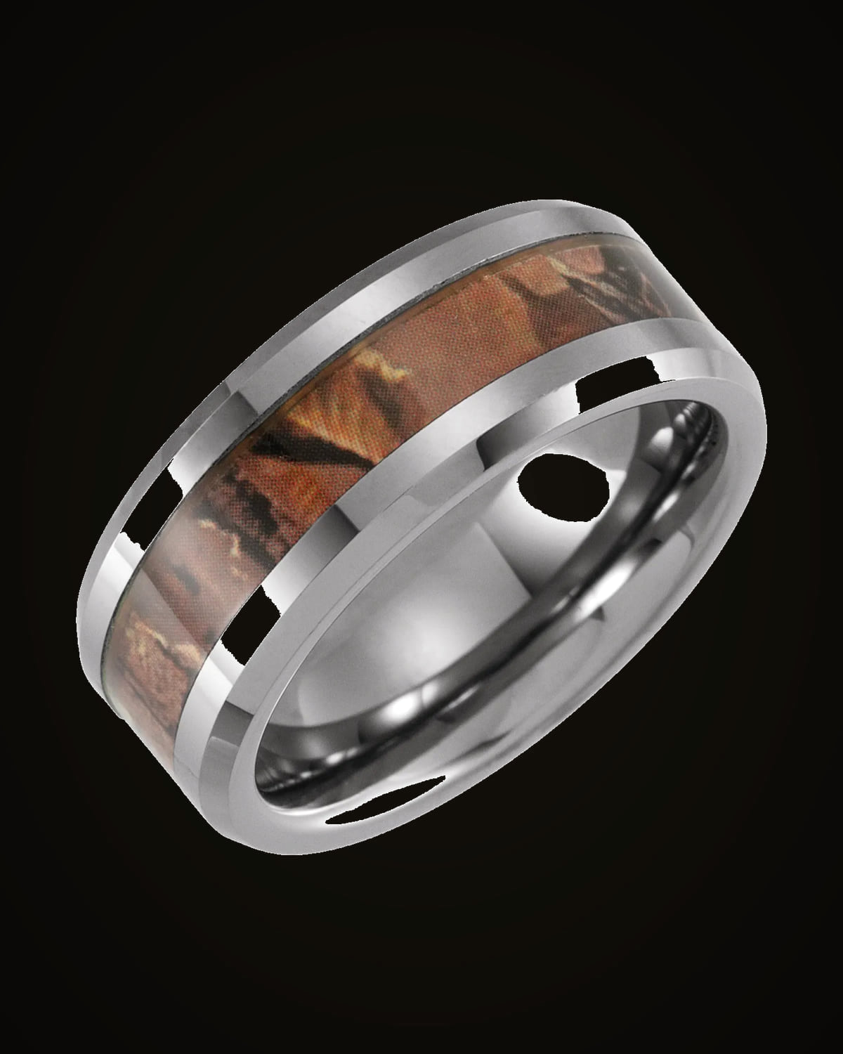 Beveled-Edge Acacia Wood Inlay Comfort-Fit Band — Tungsten · 8 mm · Size 8