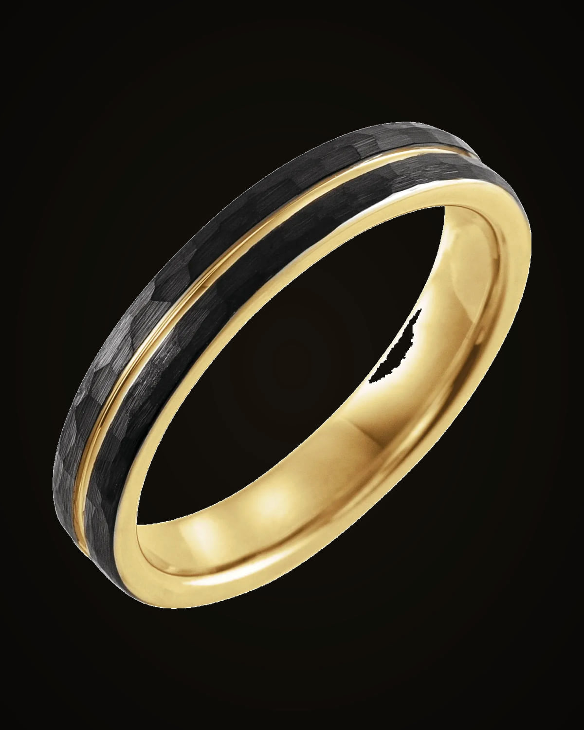 Grooved Comfort-Fit Flat Band With Hammer Finish And An 18K Yellow Gold And Black Pvd — 18K Yellow Gold PVD & Black PVD Tungsten · 4 mm · Size 7