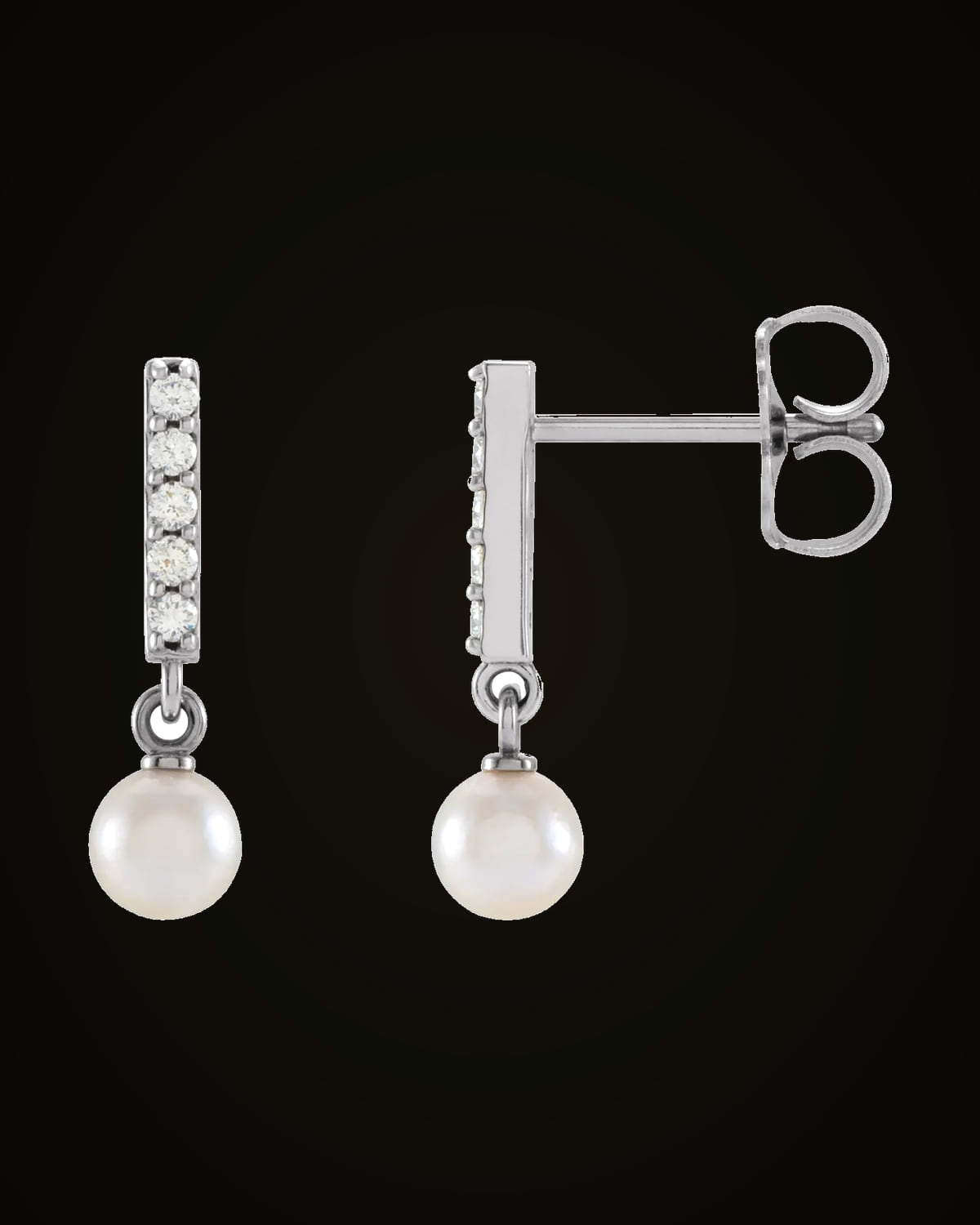 White Akoya Pearl And Diamond Bar Dangle Earrings — Rhodium-Plated on 14K White Gold · 0.08 CTW