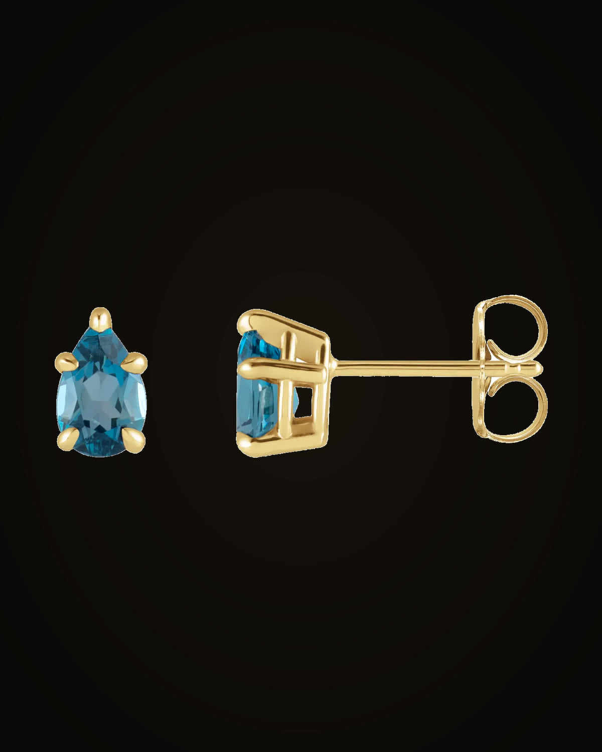 Natural London Blue Topaz 5-Claw Prong Solitaire Earrings — 14K Yellow Gold · 6 x 4 mm
