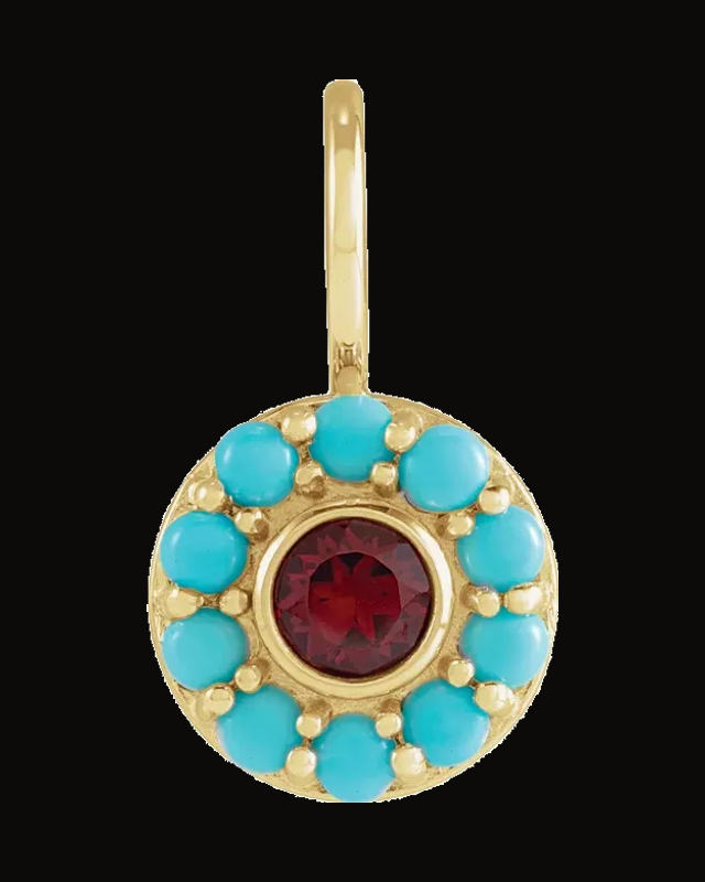 Natural Mozambique Garnet And Natural Turquoise Halo-Style Charm/Pendant — 14K Yellow Gold · 4 mm
