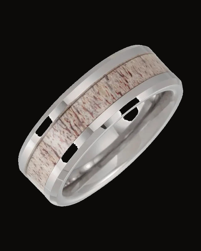 Beveled-Edge Velvet Antler Wood Inlay Comfort-Fit Flat Band — Tungsten · 8 mm