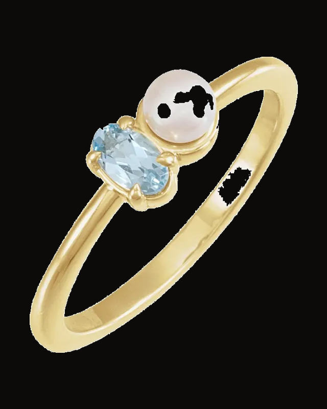 Natural Aquamarine And Cultured White Akoya Pearl Ring — 14K Yellow Gold · 1.5 mm