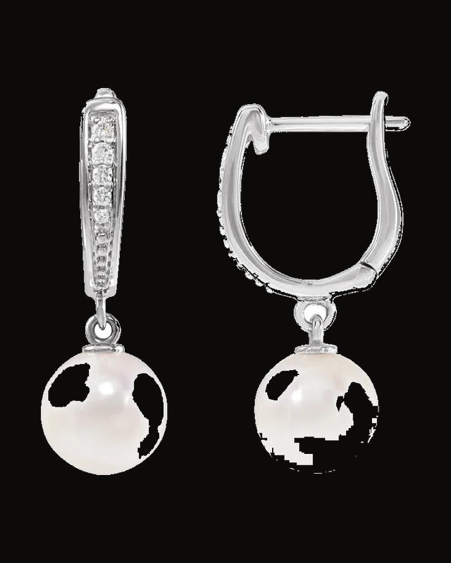 Pearl And 0.03 CTW Natural Diamond Lever Back Earrings — Rhodium-Plated on 14K White Gold