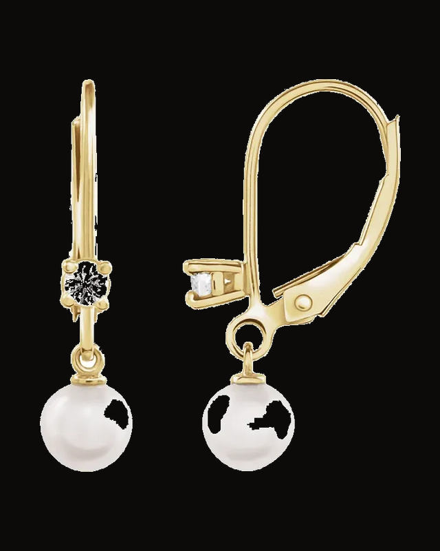 Cultured White Akoya Pearl And 1/8 CTW Natural Diamond Lever Back Earrings — 14K Yellow / White Gold