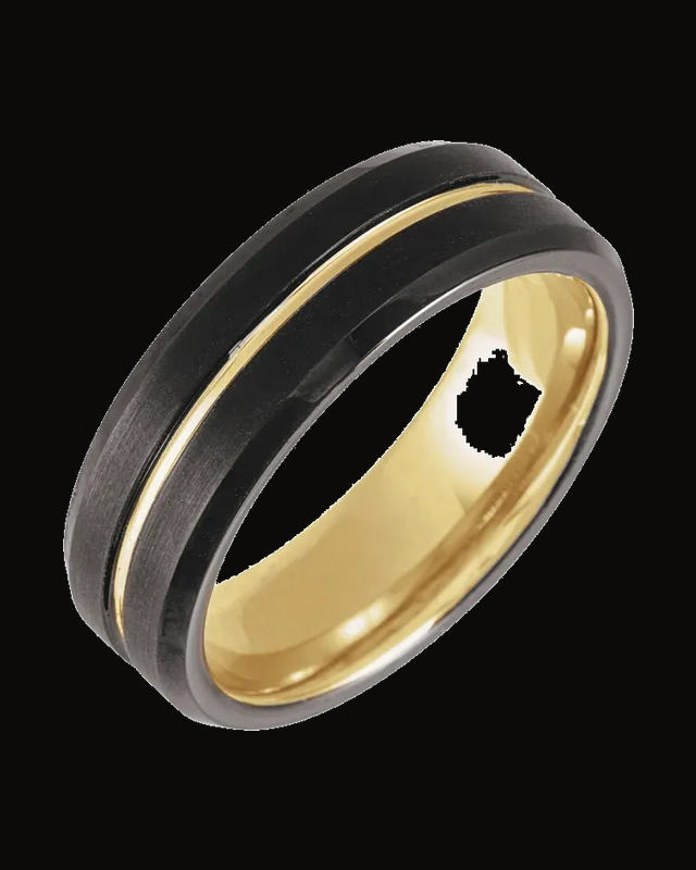 Beveled-Edge Grooved Comfort-Fit Band With An 18K Yellow Gold And Black Pvd — 18K Yellow Gold PVD & Black PVD Tungsten