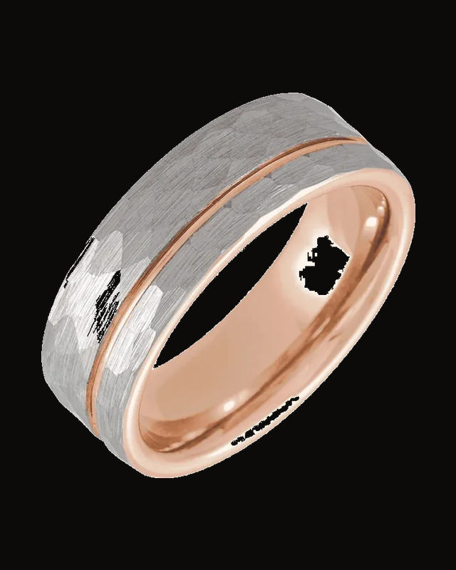 Grooved Comfort-Fit Flat Band with Hammer & Satin Finish — 18K Rose Gold PVD Tungsten