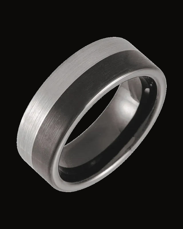Grooved Band With Black Pvd And Satin Finish — Black PVD Tungsten · 8 mm