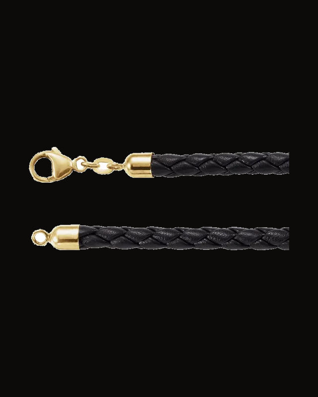 5 mm Black Braided Leather Cord Necklace — 14K Yellow Gold
