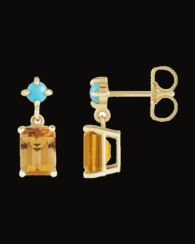 Natural Citrine And Natural Turquoise Cabochon Earrings — 14K Yellow Gold · 7 x 5 mm