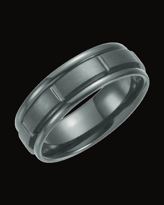 Grooved Comfort-Fit Flat Band with Satin Finish — Black Titanium · 7 mm