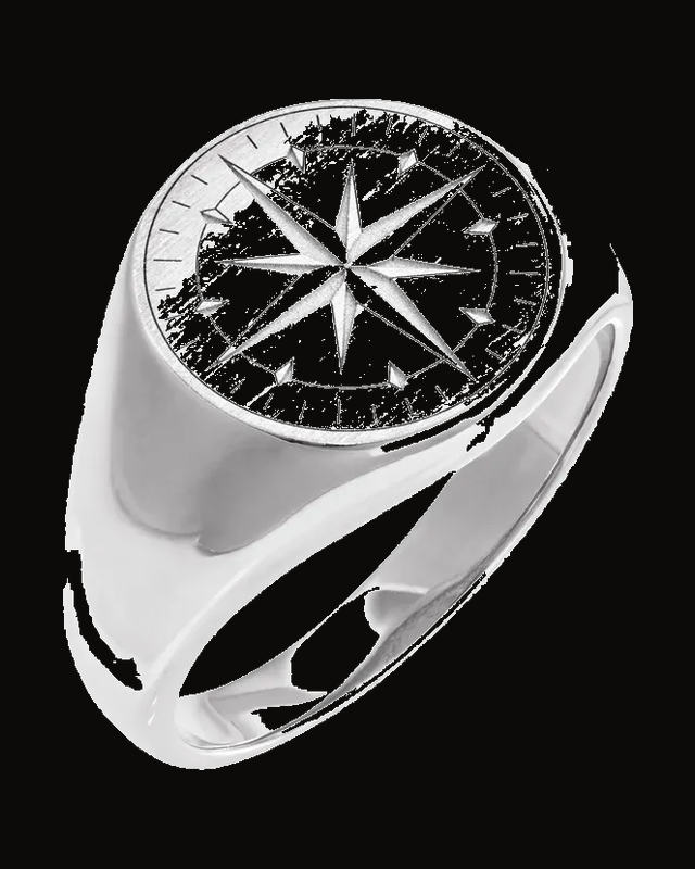 Compass Signet Ring — Sterling Silver · 15 mm