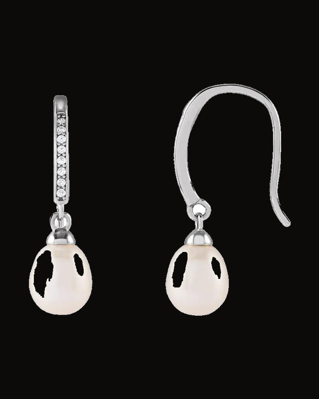 Cultured Freshwater Pearl And Imitation Cz Dangle Earrings — Rhodium-Plated on Rhodium-Plated Sterling Silver