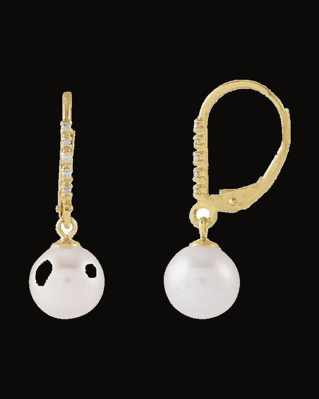 Cultured Freshwater Pearl And 0.05 CTW Natural Diamond Lever Back Earrings — 14K Yellow Gold