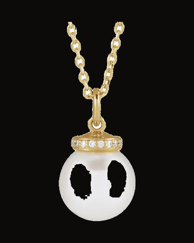 Cultured White Akoya Pearl And 0.04 CTW Natural Diamond Hidden Halo-Style Necklace — 14K Yellow Gold