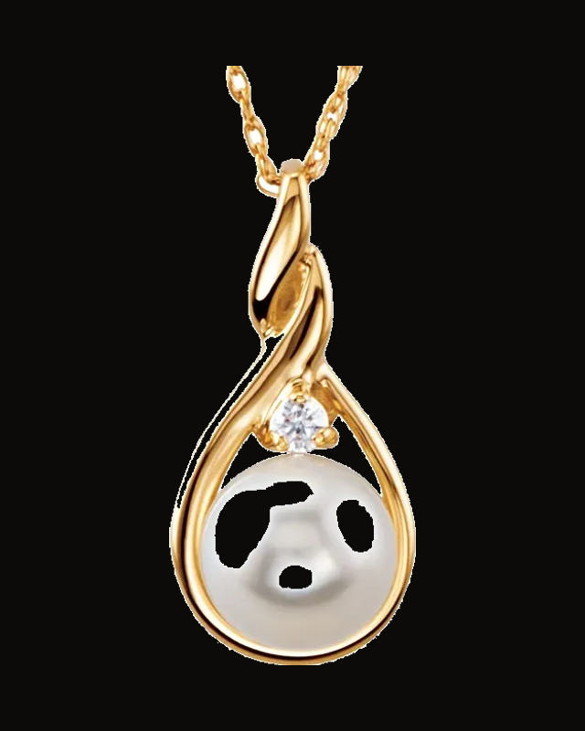 Cultured White Akoya Pearl And 0.03 CTW Natural Diamond Necklace — 14K Yellow Gold